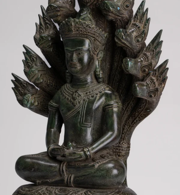 Antique Bayon Style Khmer Seated Bronze Naga Meditation Buddha - Image 3