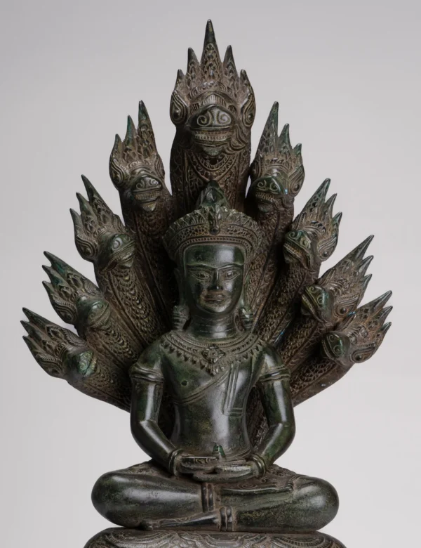 Antique Bayon Style Khmer Seated Bronze Naga Meditation Buddha