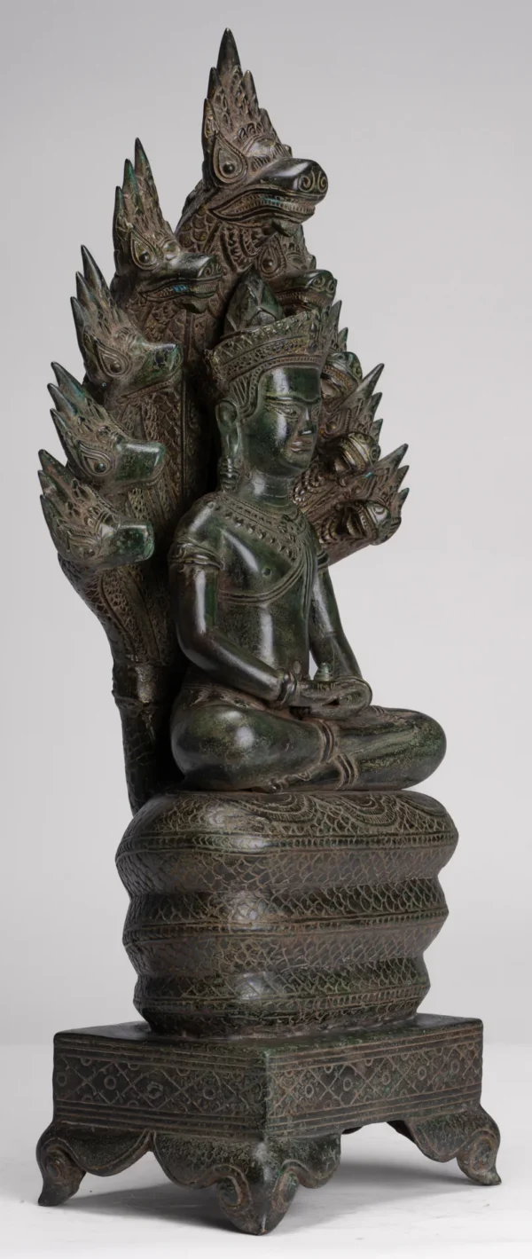 Antique Bayon Style Khmer Seated Bronze Naga Meditation Buddha - Image 4